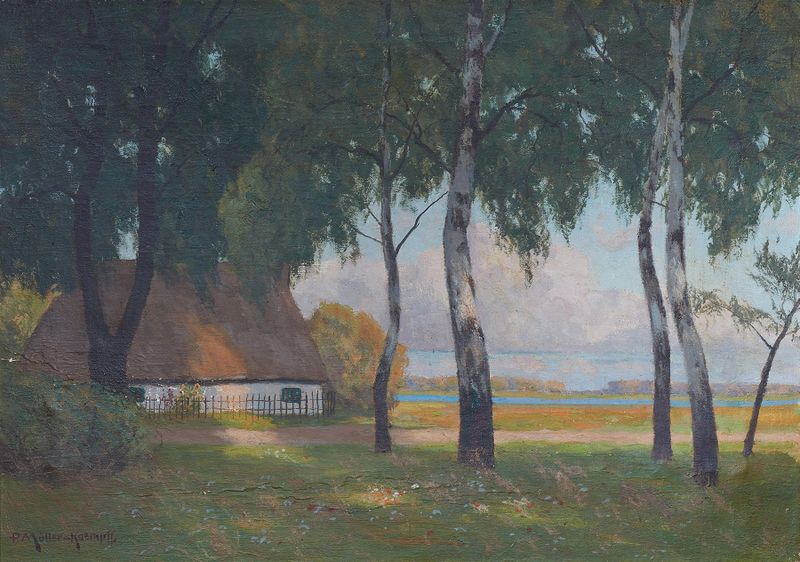 Landscape with birch trees and dappled light by Paul Müller-Kaempff, oil painting