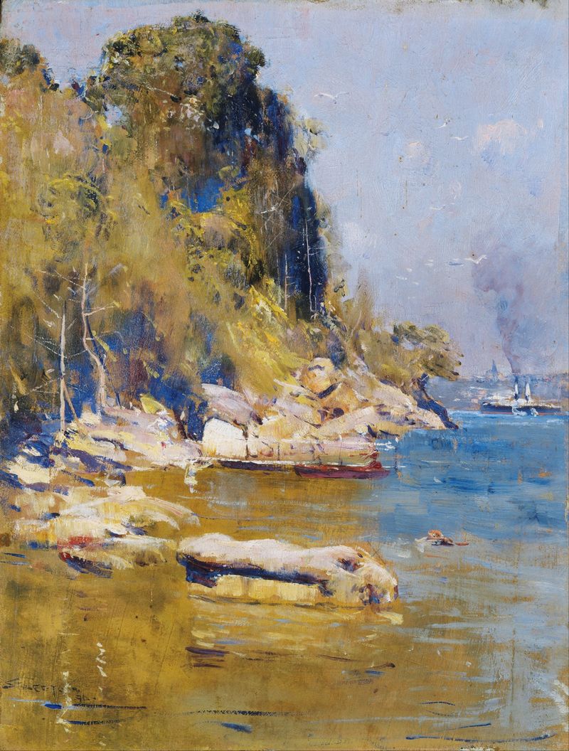 From my camp (Sirius Cove) by Arthur Streeton, oil painting depicting a serene cove with water and grass.