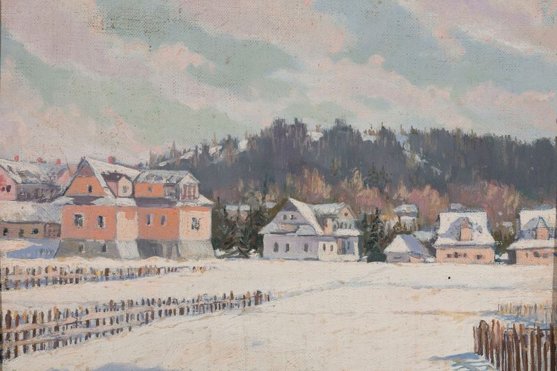 Paisagem de uma aldeia nas montanhas por Walerian Jost, pintura a óleo