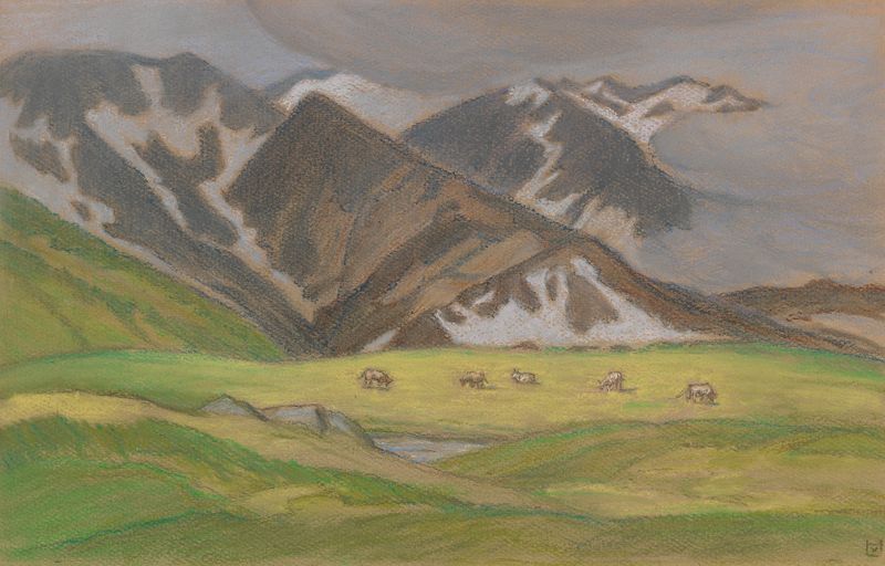 Landscape with grazing cows in the Swiss Alps by Ludwig von Hofmann, medium unknown.