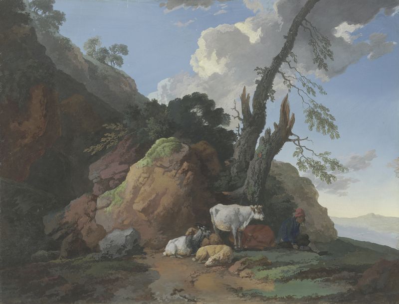 Rugged landscape with a shepherd, two cows, two sheep, and a goat, oil painting by Christian Wilhelm Ernst Dietrich