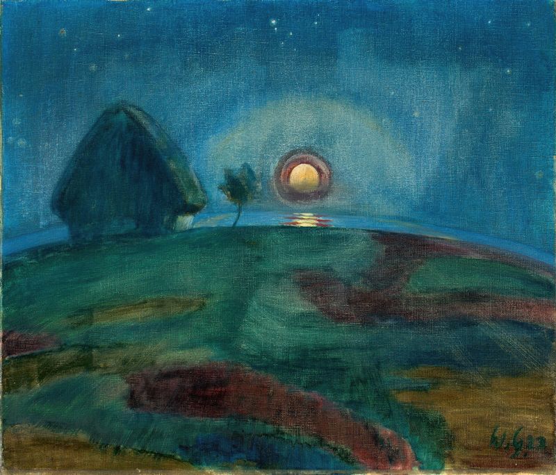 Landscape oil painting by Walter Gramatté featuring moonlight over Hiddensee