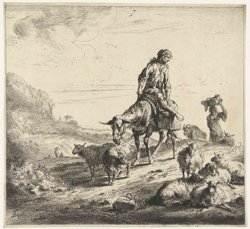 Gravura de Nicolaes Pietersz Berchem de um homem em um burro em uma paisagem.