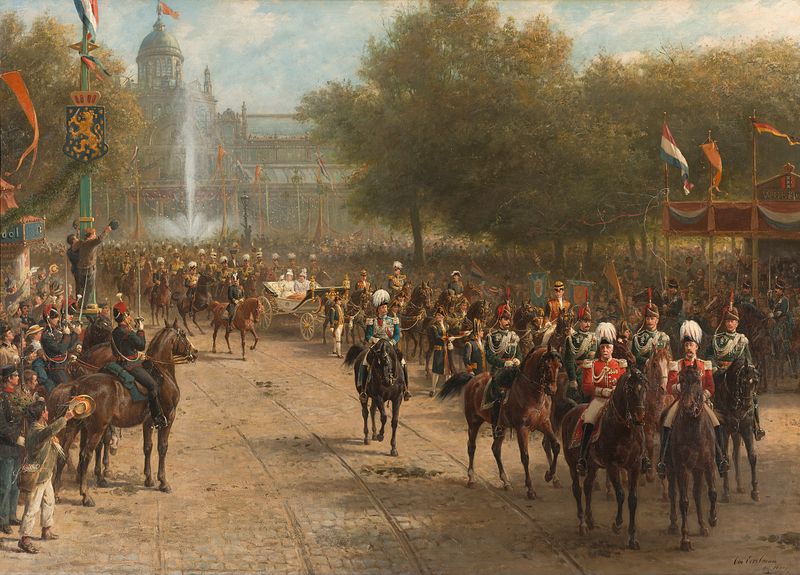 The Frederiksplein, Ámsterdam, durante la entrada de la reina Wilhelmina, óleo de Otto Eerelman
