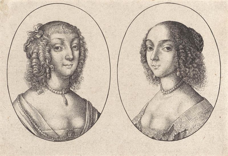 Dos jóvenes mujeres con expresiones serenas en un grabado de Wenceslaus Hollar