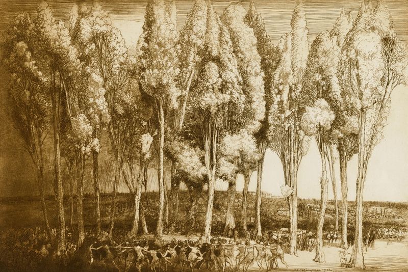 La Danza de la Primavera de Donald Shaw MacLaughlan, óleo sobre lienzo, presenta flores vibrantes y brotes de primavera.
