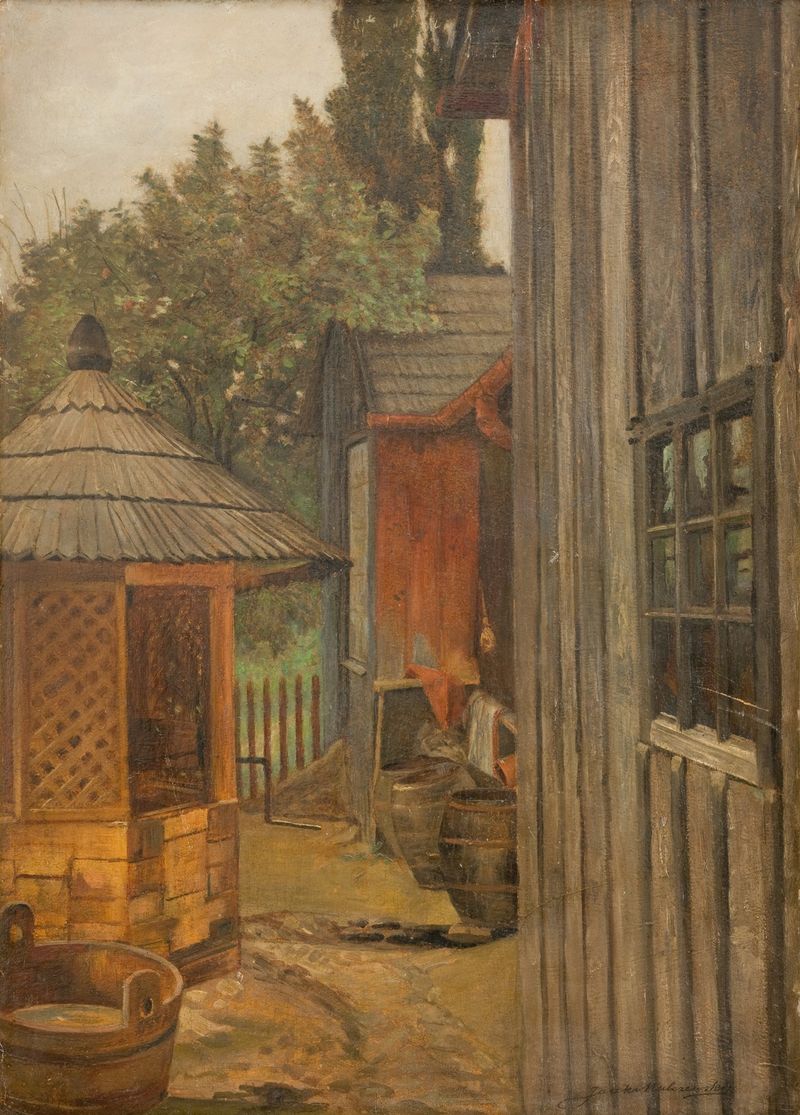 Escena interior con un pozo de piedra, óleo sobre lienzo de Jacek Malczewski
