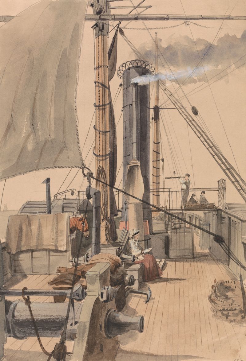 Deck of a paddle steamer with a girl reading and a horse, oil painting by Allen Edward Everitt