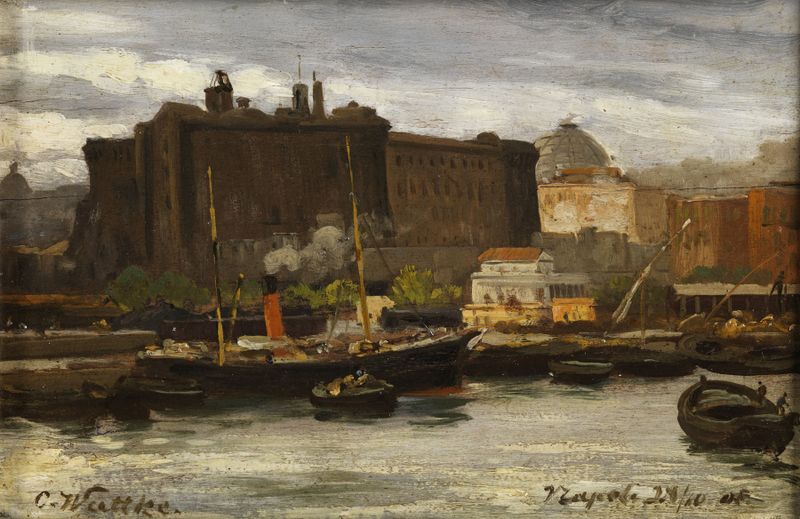 Marine scene with boats in the bay, oil painting by Carl Wuttke