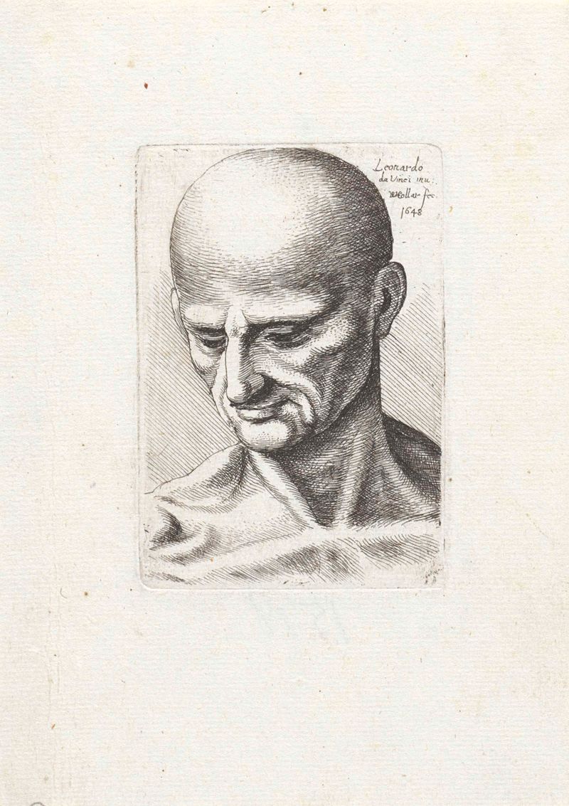 Gravura de Wenceslaus Hollar mostrando a cabeça e o pescoço de um homem careca