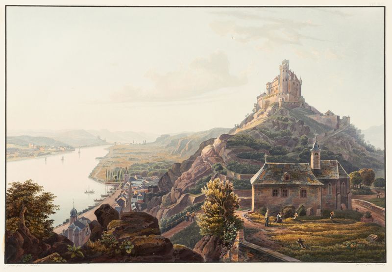 Paisaje con un castillo, río y colinas de Johann Ludwig Bleuler, pintura al óleo.