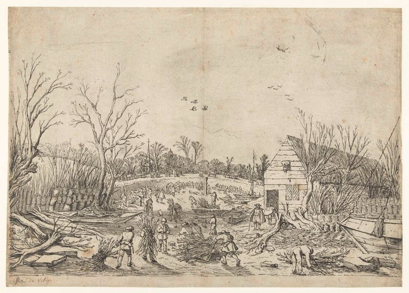 Herstelwerkzaamheden aan de doorgebroken Lekdijk bij 't Waal, etching by Esaias van de Velde