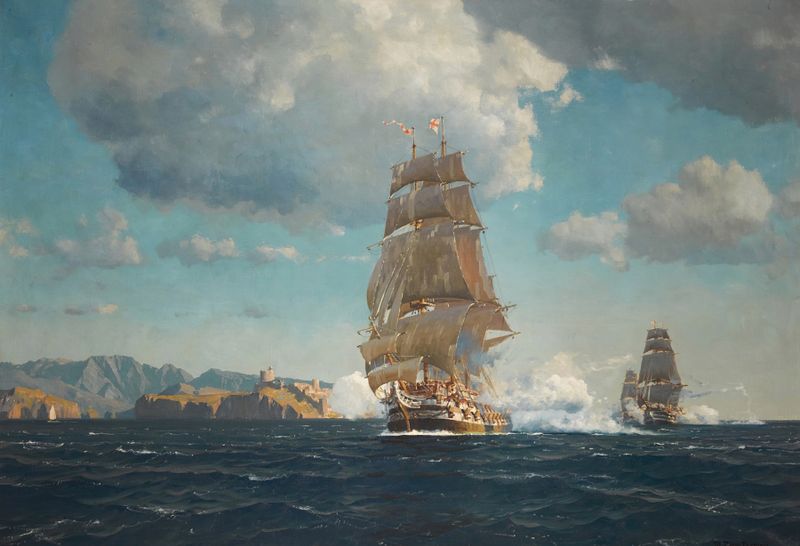 Oil painting by Michael Zeno Diemer showing sailors struggling against a storm on a ship.
