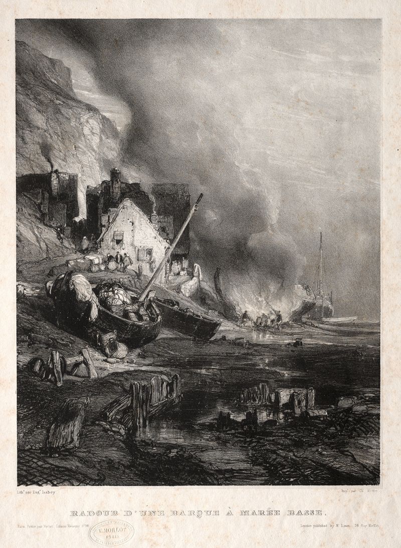 Radoub d’une barque à marée basse de Eugène Isabey, pintura al óleo que muestra un barco en los llanos de barro.