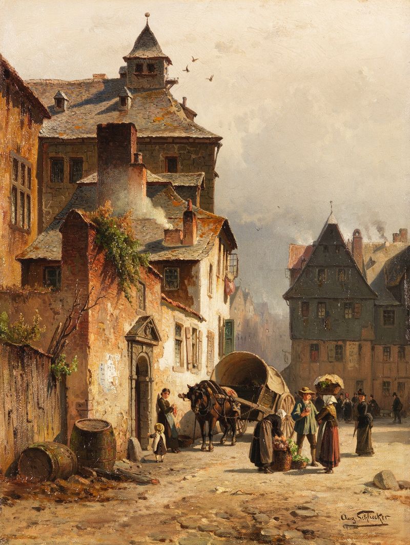 Stadtansicht (Lüttich) de August Eduard Schliecker, óleo sobre lienzo que representa un paisaje urbano con luz y sombras.