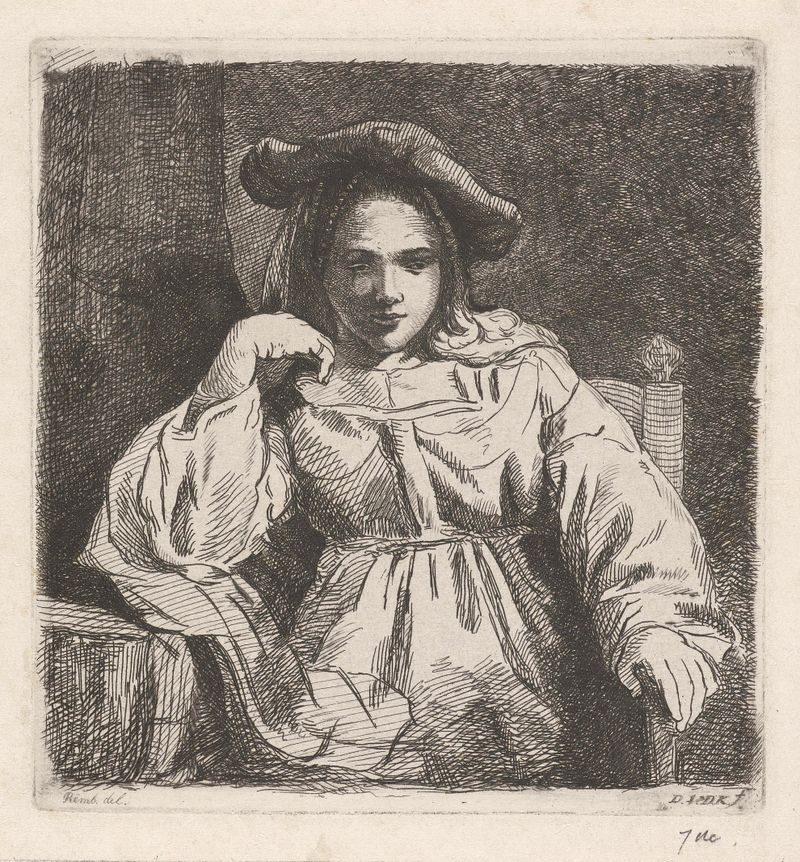 Zittend meisje, etching by David van der Kellen, depicting a girl in a soft garment with thoughtful expression.