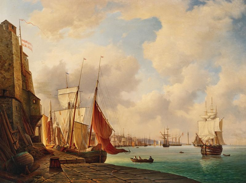 Marine scene depicting boats at the harbor, oil painting by Christian von Plattensteiner