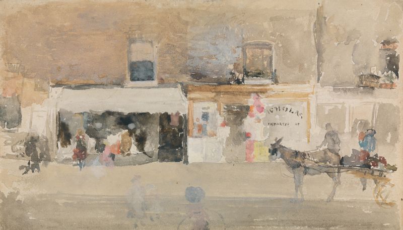 Street Scene in Chelsea, óleo sobre lienzo de James Abbott McNeill Whistler con una mujer en un vestido rojo