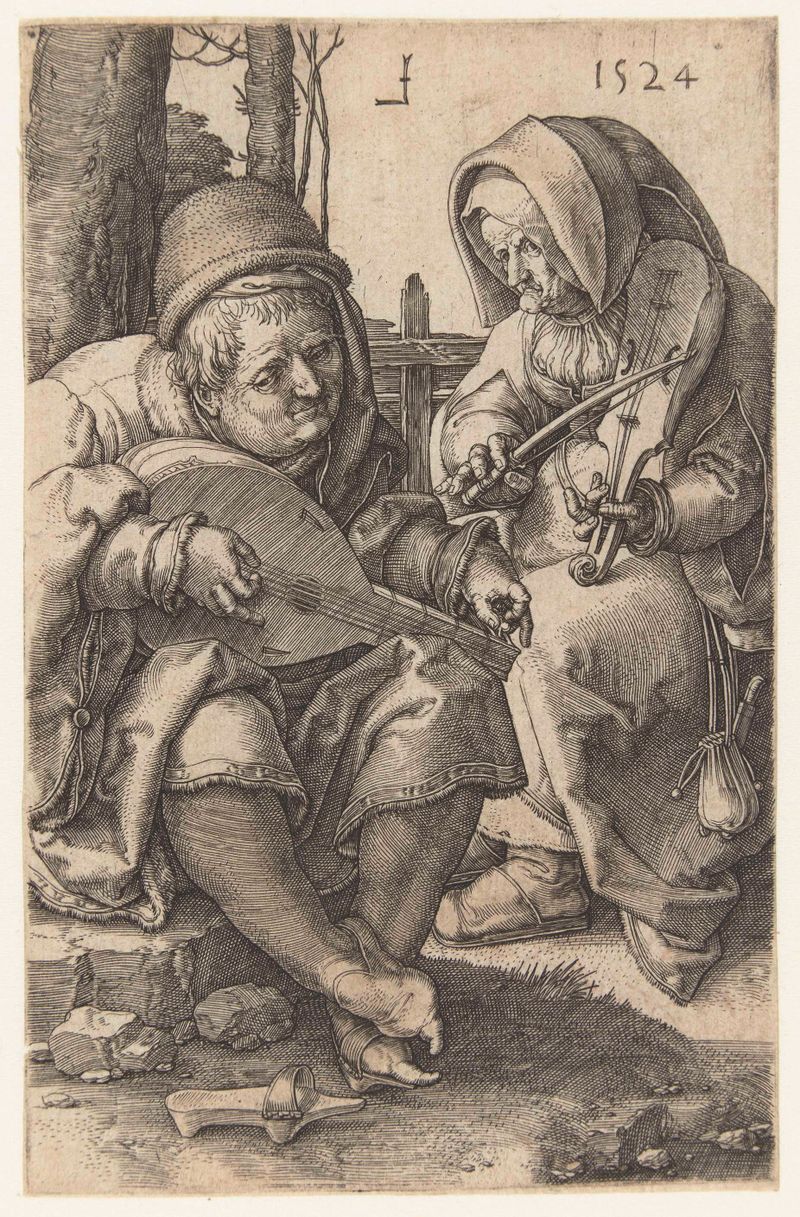 Grabado de Lucas van Leyden mostrando una pareja en un abrazo, 1524