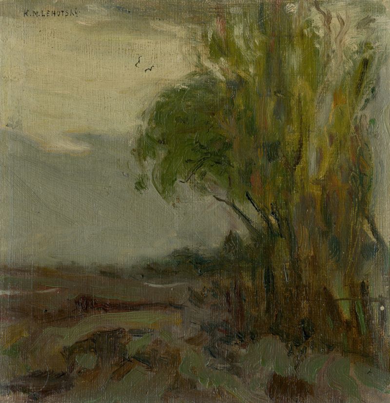 Sketch of a landscape with a tree in foreground, ink on paper by Karol Miloslav Lehotský