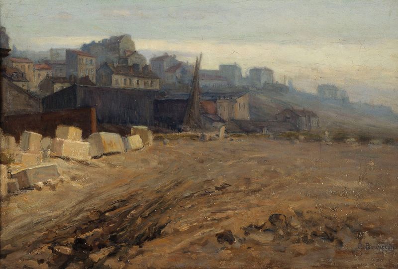 La Butte aux Cailles, óleo sobre tela de Germain Eugène Bonneton, retratando uma paisagem com edifícios e um céu pastel.