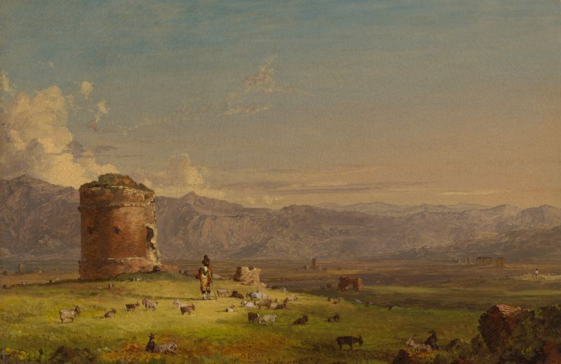 Torre dei Schiavi de Jasper Francis Cropsey, pintura al óleo que representa una torre al atardecer.