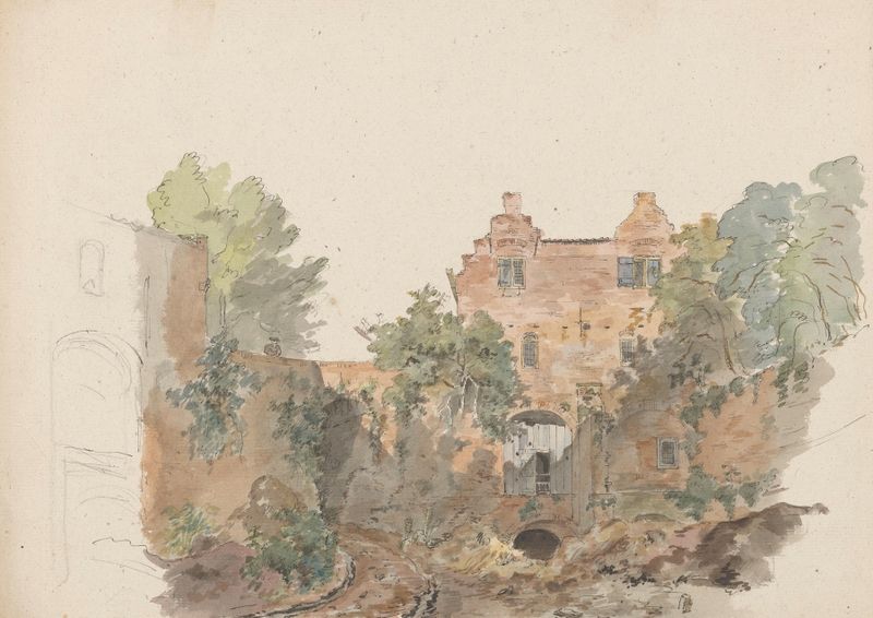 Oude huizen op een stadswal de Bruno van Straaten, óleo sobre lienzo que representa casas viejas al atardecer.