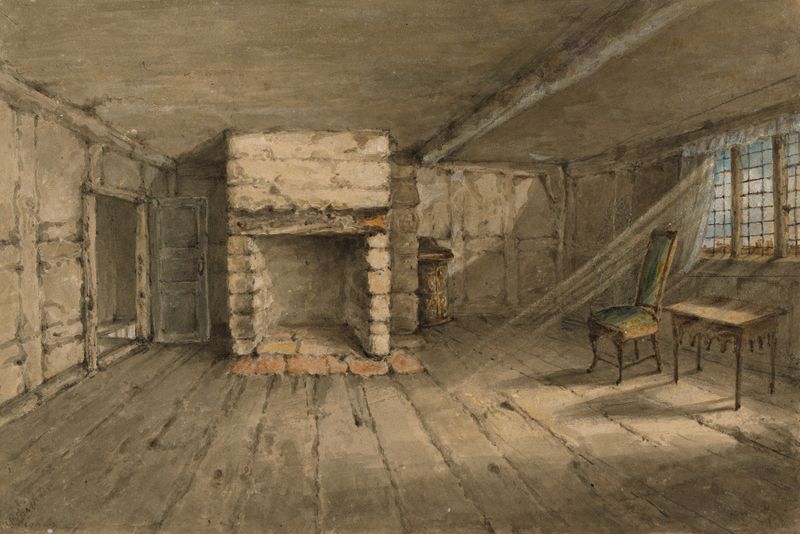 Interior scene with light illuminating dust in a room, by Phoebe Dighton, 1834