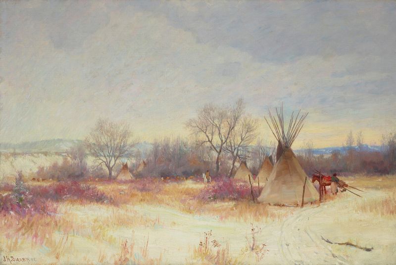Indian Encampment by Joseph Henry Sharp, depicting a sunset over a Native American encampment, oil painting.