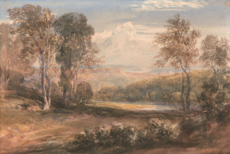 Paisaje que representa un río y naturaleza de David Cox, pintura al óleo