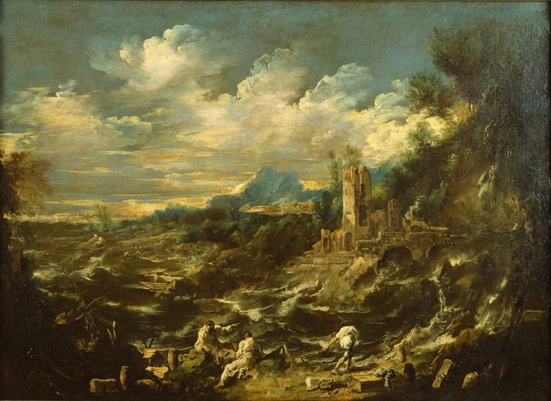 Landscape with Stormy Sea by Alessandro Magnasco, Baroque, depicting stormy waves crashing against rocks.