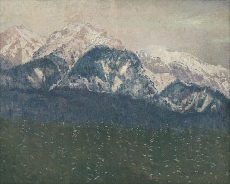 Landscape with mountains and meadows by Ferdinand Katona, oil painting