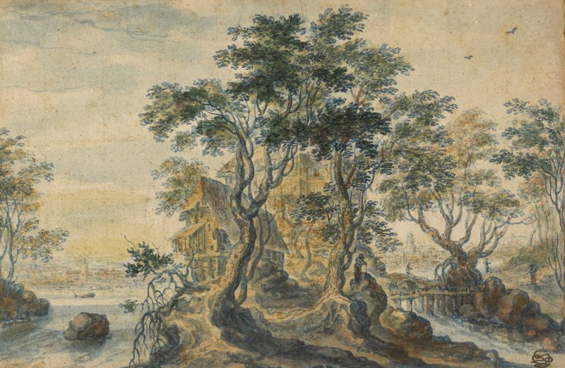 Paisagem do rio com casa em uma ilha rochosa, óleo sobre tela de Isaac Major