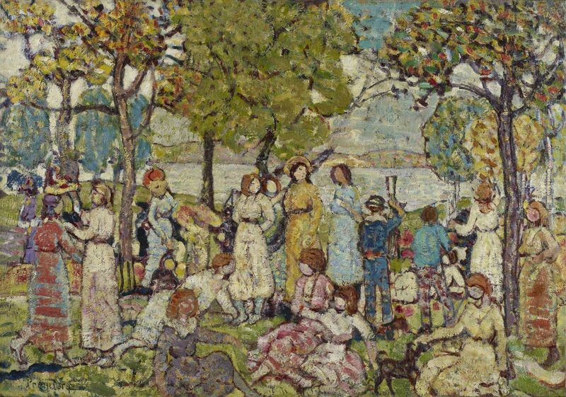 Holidays de Maurice Brazil Prendergast, acuarela sobre papel que representa figuras en atuendos coloridos.