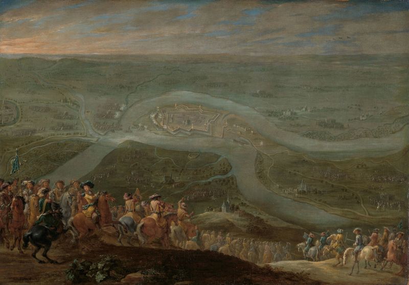Escena histórica de Luis XIV y su séquito en el sitio, pintura al óleo de Lambert de Hondt II