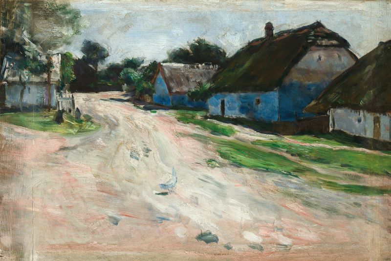 Road at Bronowice de Aleksander Gierymski, pintura al óleo que muestra un paisaje rural sereno