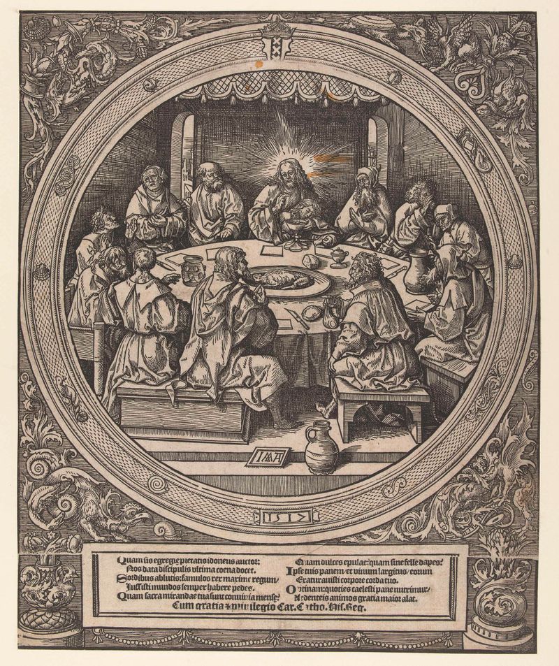 Het Laatste Avondmaal de Jacob Cornelisz van Oostsanen, meio papel, representando Cristo e os discípulos à mesa.