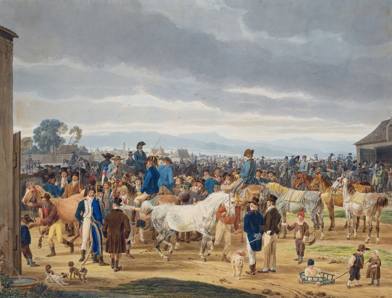 Cena de mercado de cavalos de Wilhelm von Kobell, óleo sobre tela, mostrando figuras e cavalos agitados.