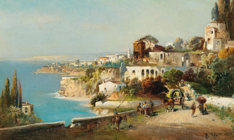Impressionist landscape by Robert Alott depicting an Italian coastal town with sunlight on cobblestones.