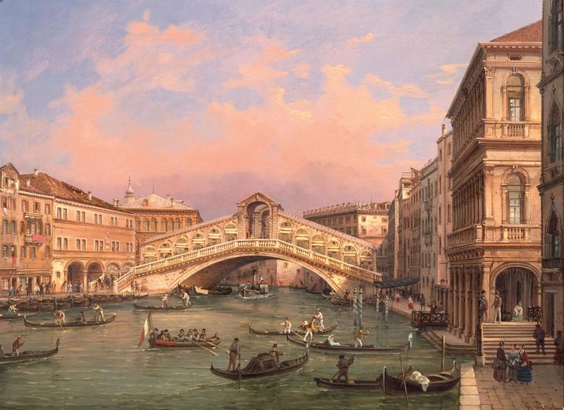 Veneza, Uma Vista Da Ponte Rialto de Giovanni Grubacs, pintura a óleo que retrata um canal tranquilo ao crepúsculo.