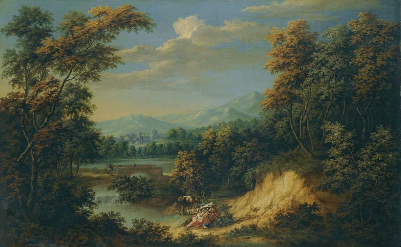 Uma Extensa Paisagem Florestal com Rio de Jan Philip Spalthof, representando um rio com figuras, pintura a óleo.