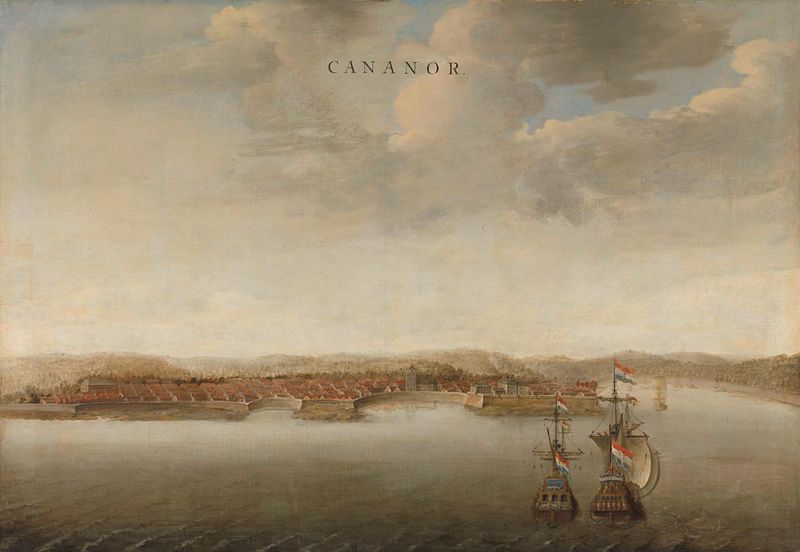 Oil painting by Johannes Vinckboons depicting trading posts of the Dutch East India Company.