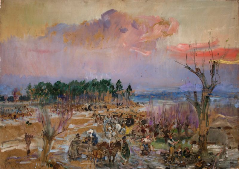 Landscape scene in Sketch for Panorama of Grochów by Wojciech Kossak, 1940