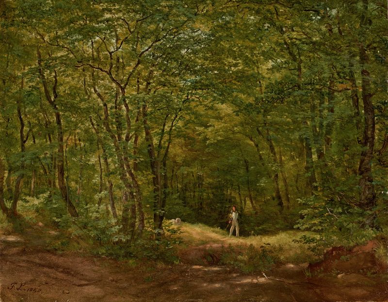 Paisaje forestal con un camino y figuras, de Friedrich Loos, medio desconocido
