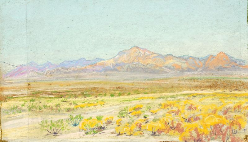 Desert landscape oil painting by Howard Russell Butler, featuring ochres and blues at dusk.