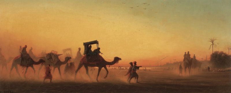 Pintura al óleo de Charles Théodore Frère que muestra una caravana al atardecer con siluetas de viajeros.