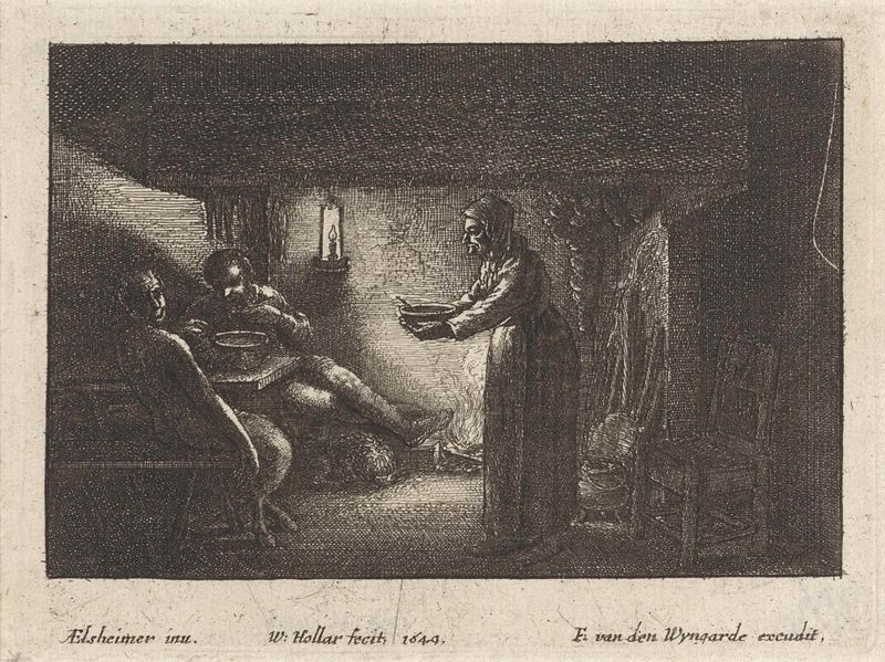 Grabado de Wenceslaus Hollar que muestra un sátiro interactuando con un campesino.