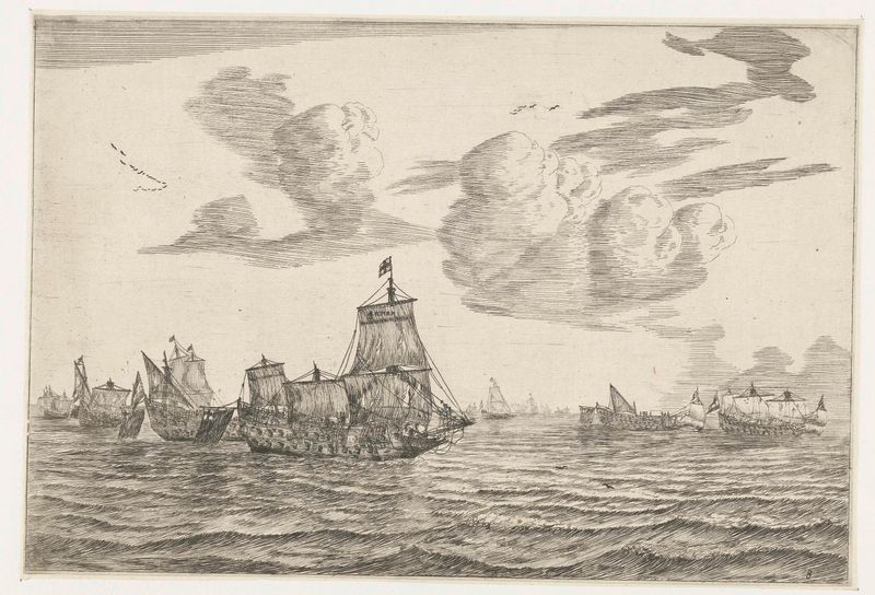 Na de zeeslag gravura de Reinier Nooms mostrando mar calmo e navios após a batalha