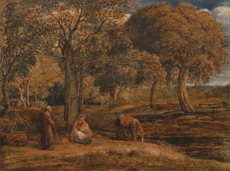 O descanso na fuga para o Egito de John Linnell, óleo sobre tela representando Maria, José e o filho na natureza.