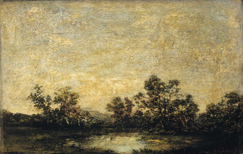 Paisaje de Ralph Albert Blakelock, óleo sobre lienzo que representa un cielo turbulento y la naturaleza.